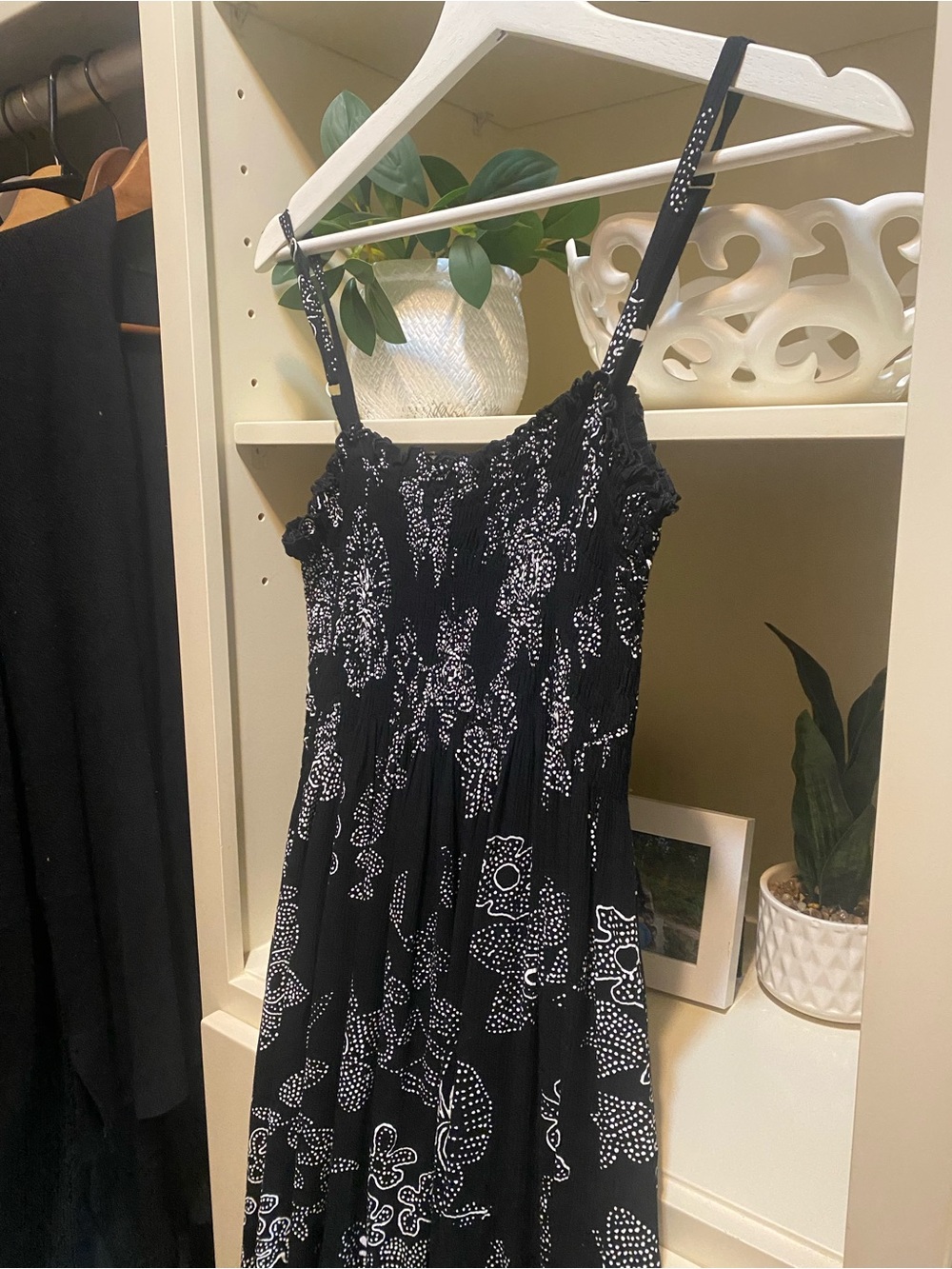 Black Smocked Sundress with White Floral Print